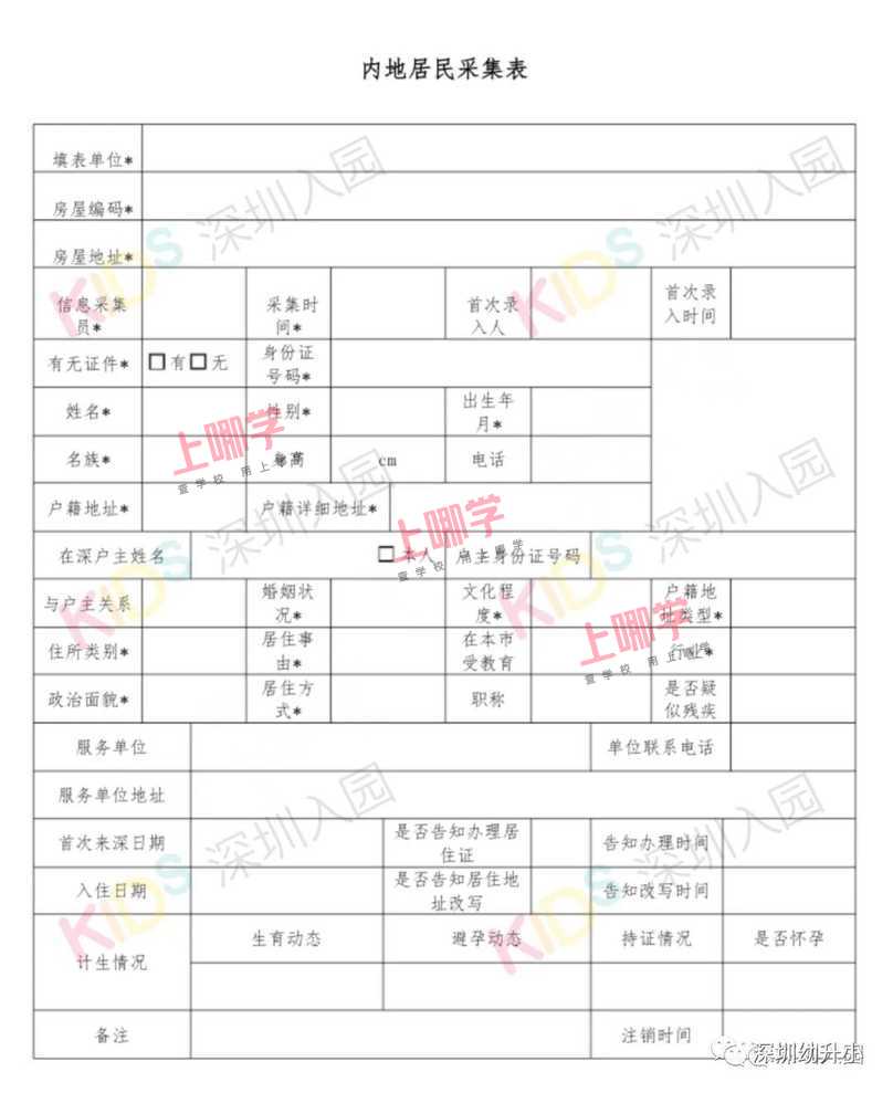 在深圳上小学，提交的居民信息登记表是什么？相关资料