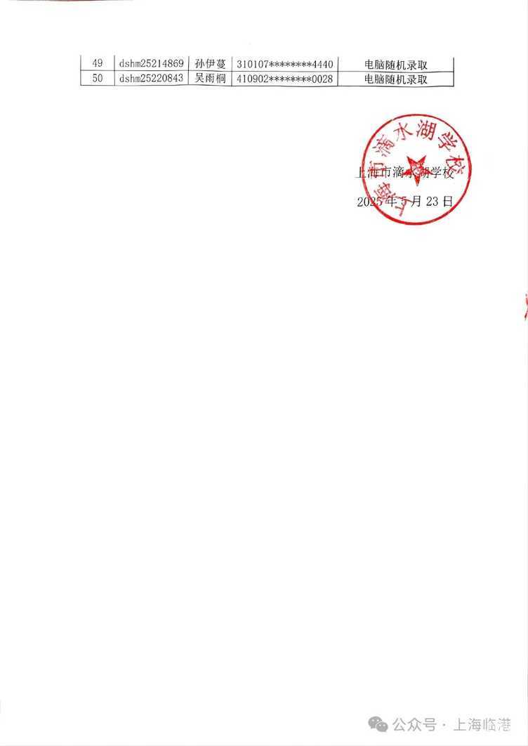 2025年上海市滴水湖学校电脑随机拟录取名单及现场验证通知相关资料 8