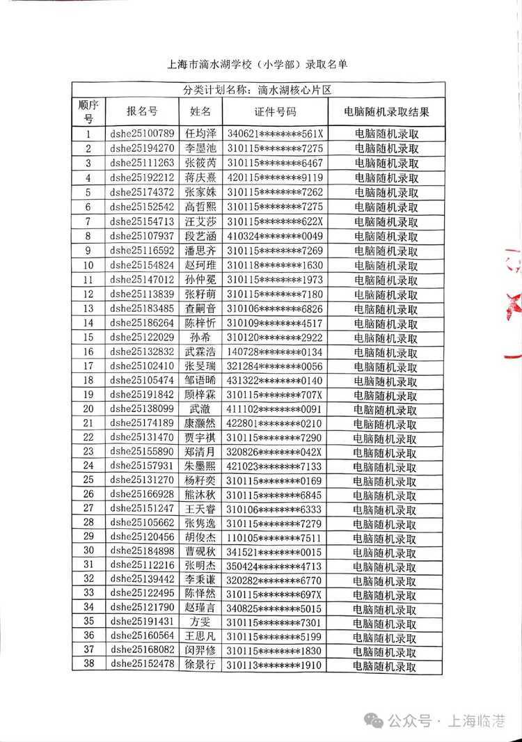 2025年上海市滴水湖学校电脑随机拟录取名单及现场验证通知相关资料 2