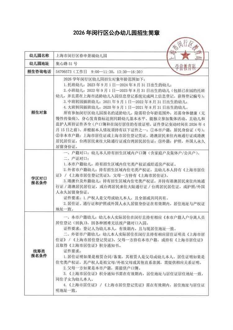 孩子上产证是第一录取档位！2026年闵行区春申景城幼儿园招生通告！相关资料 33