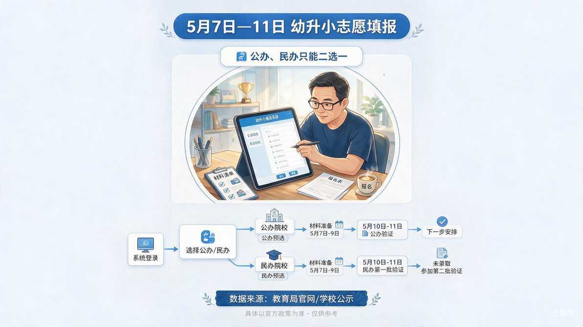 配图：4. 5月7日—11日登录报名系统填报志愿，公办、民办只能二选一（民办未录取可参加第二批验证）。