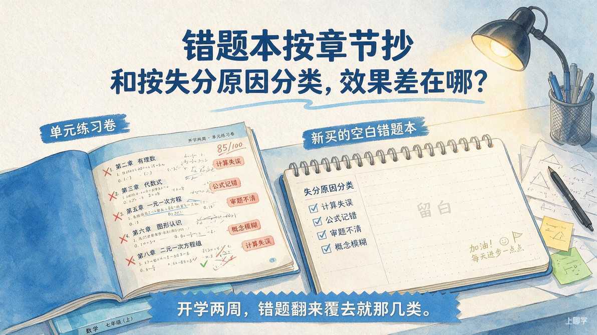 AI 生成配图｜家长翻开孩子单元练习卷，卷面上同类错题反复出现，旁边放着一个新买的空白错题本。图注：开学两周，错题翻来覆去就那几类。
