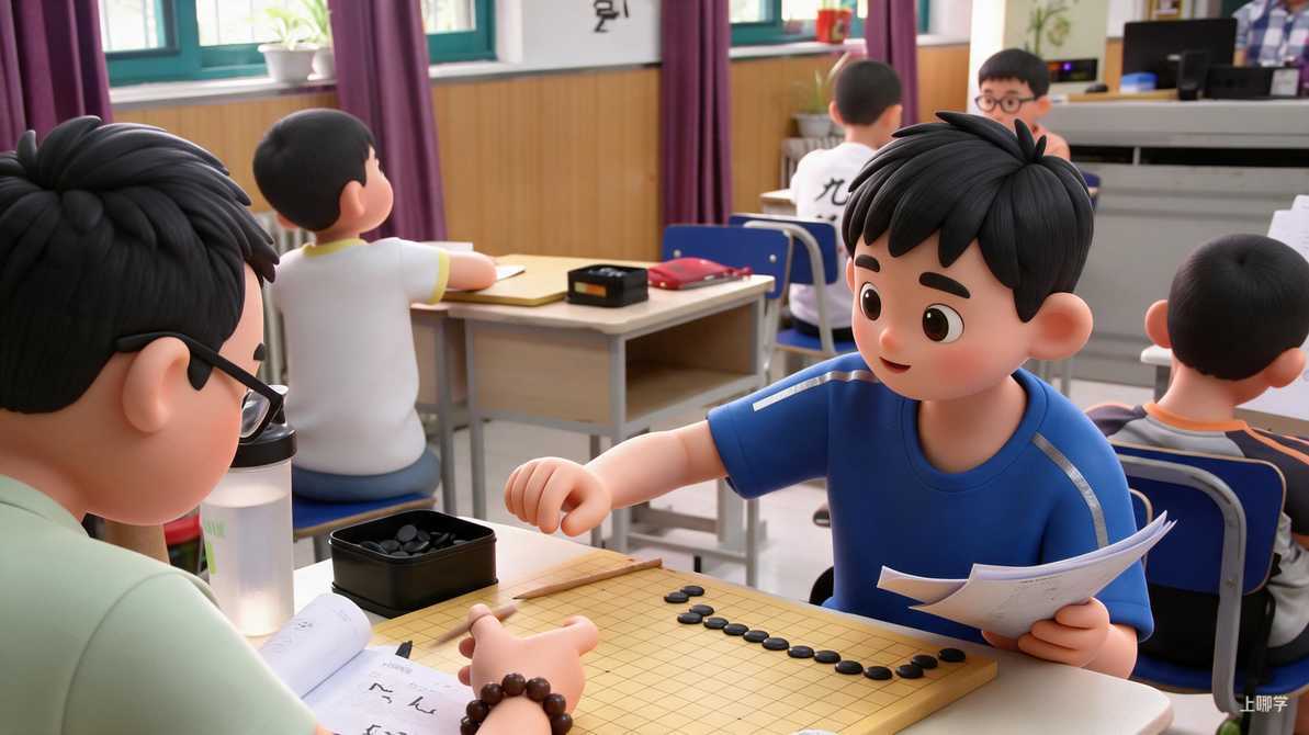 联网配图｜孩子复盘时指着棋盘说出“我本来想走这里，因为……”，家长在旁倾听。图注：复盘时能说出判断依据，是知识被调用的信号。（来源：sports.sina.cn）
