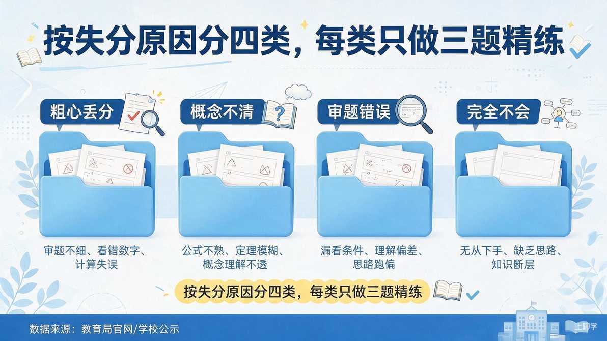 AI 生成配图｜四个文件夹或标签分别标注“粗心丢分”“概念不清”“审题错误”“完全不会”，错题纸按类别归入对应文件夹。图注：按失分原因分四类，每类只做三题精练。