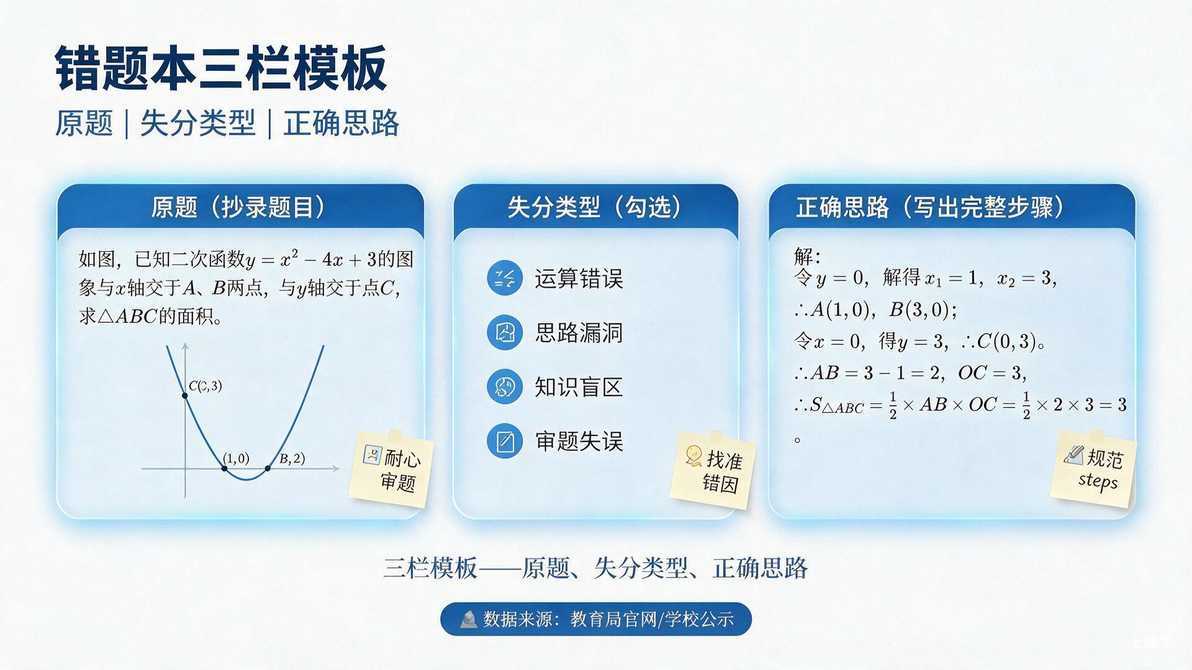 AI 生成配图｜错题本三栏模板：原题、失分类型、正确思路，每道错题按三栏填写，分类清晰。图注：三栏模板——原题、失分类型、正确思路。