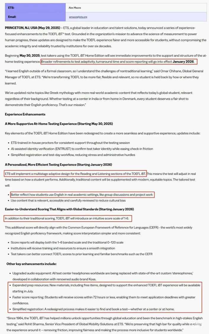 ETS宣布托福考试改革，2026年1月起托福引入6分制评分体系！相关资料 2