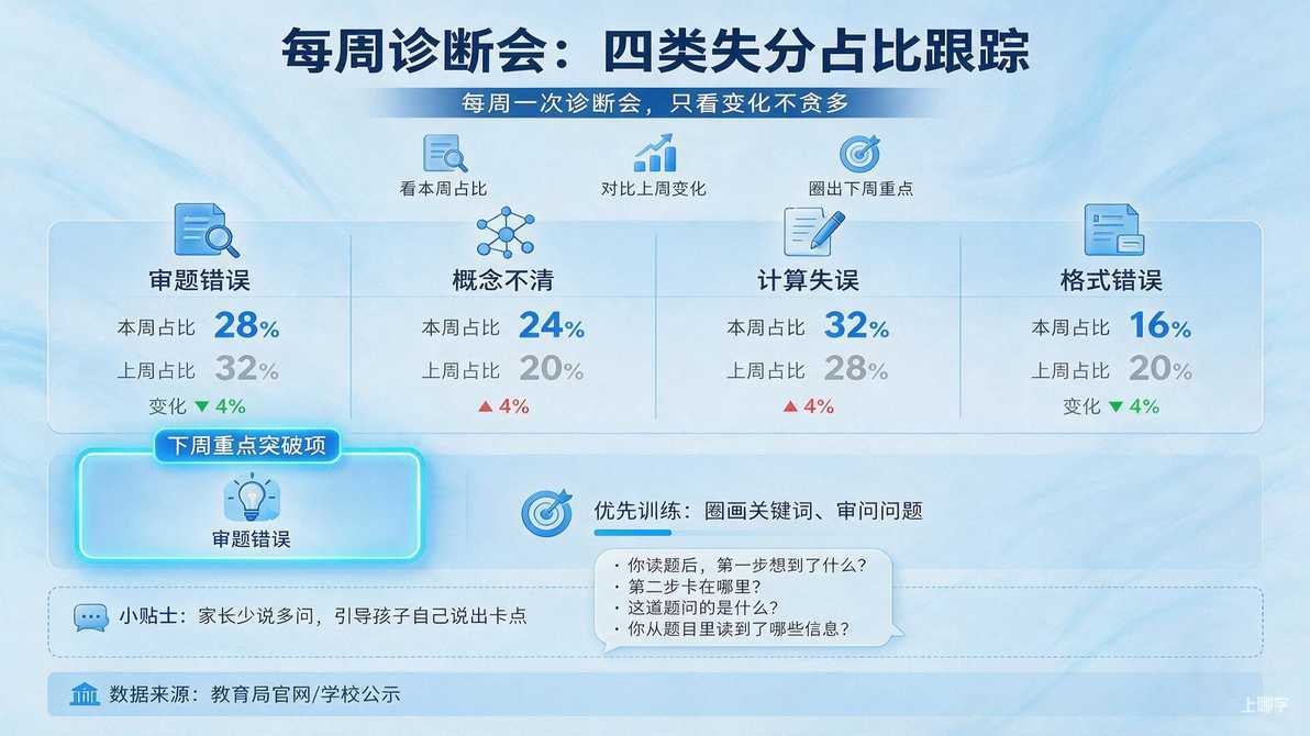 AI 生成配图｜家长和孩子一起看本周四类失分占比的变化记录，对比上周数据，圈出下周重点突破的一类。图注：每周一次诊断会，只看变化不贪多。