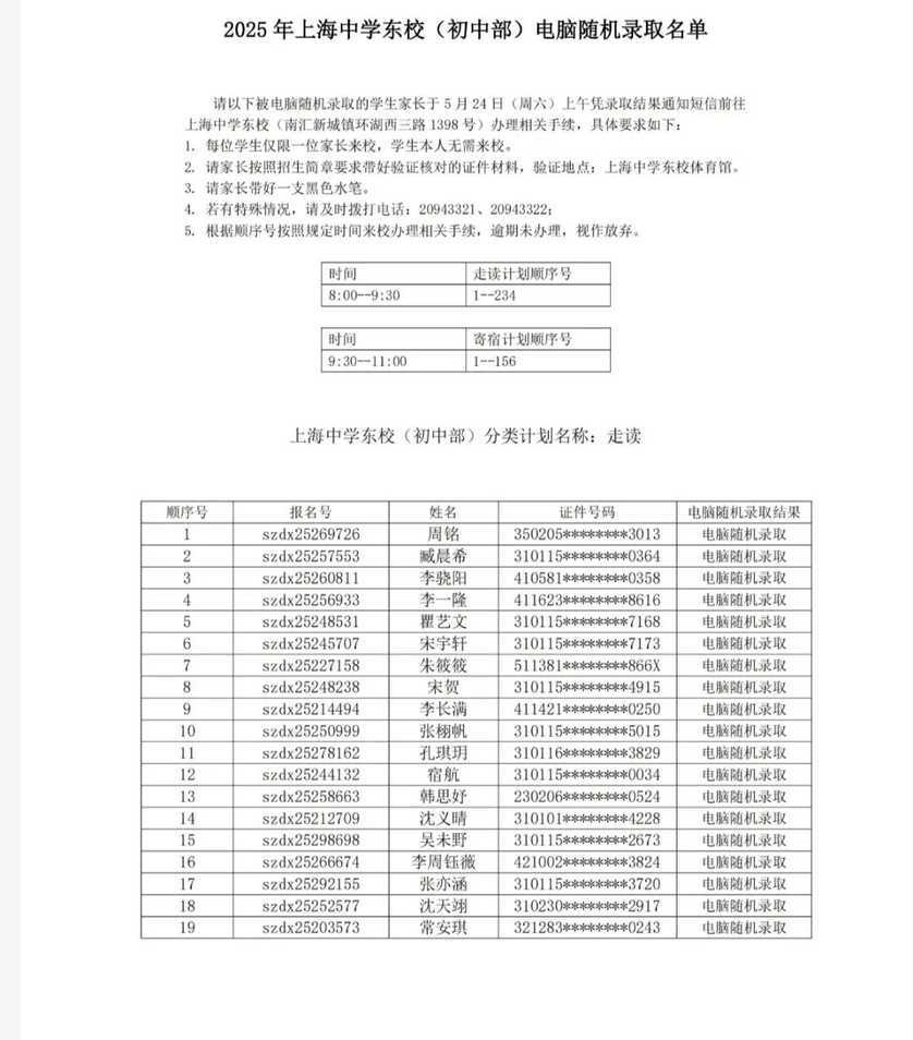 2025年上海中学东校电脑随机录取名单公示相关资料 2