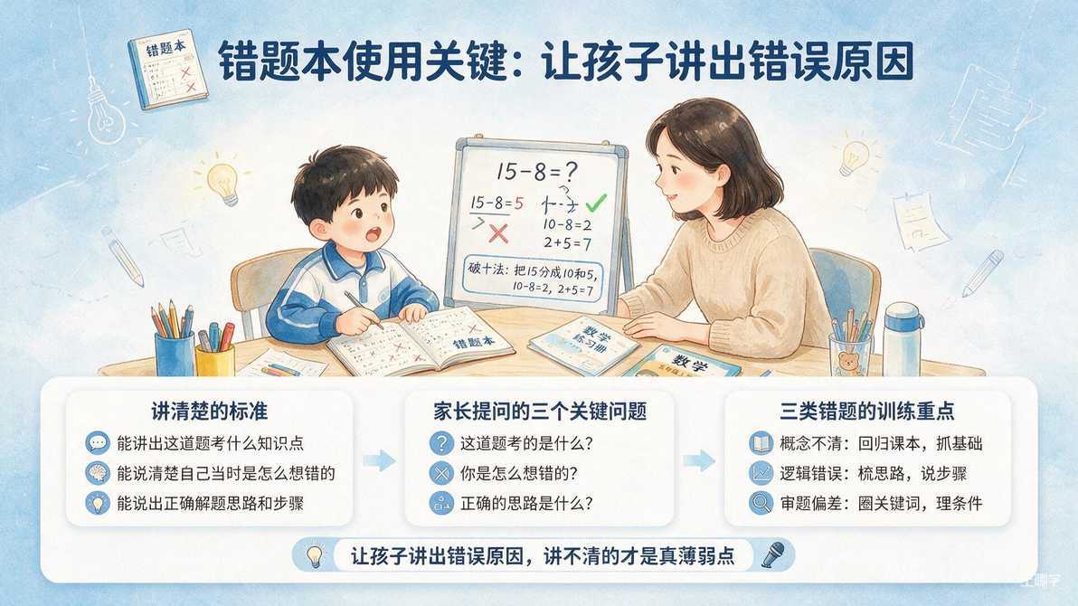 AI 生成配图｜孩子拿着错题本，向家长讲出错误原因和正确思路，家长在旁倾听提问。图注：让孩子讲出错误原因，讲不清的才是真薄弱点。